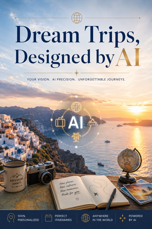 Dream Trips, Designed by AI — AI travel prompt library PDF. 100+ ChatGPT and Claude prompts for personalized trip planning.